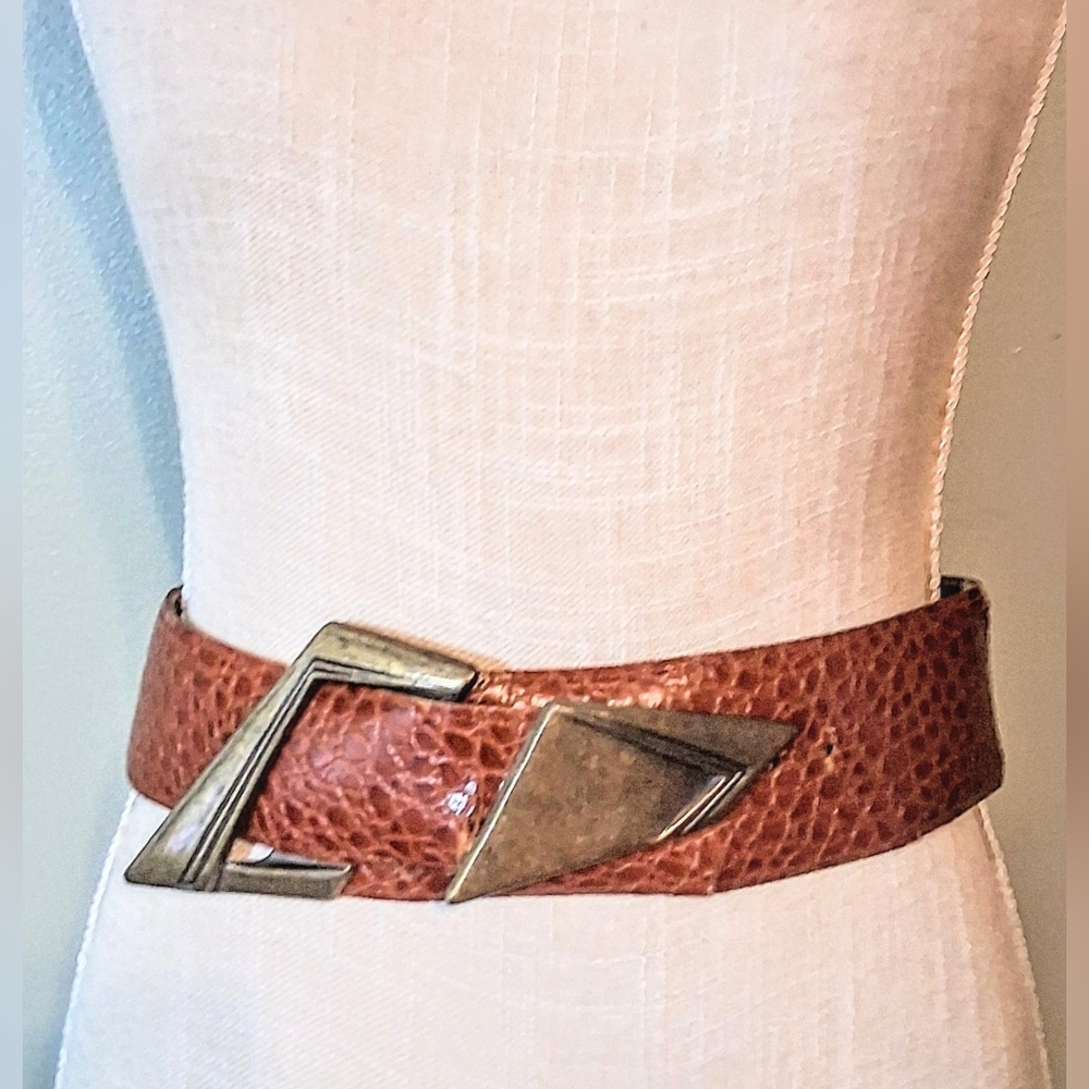 80s Vintage Brown Faux Alligator Wide Belt - Solid Brass Assymetrical Buckle
